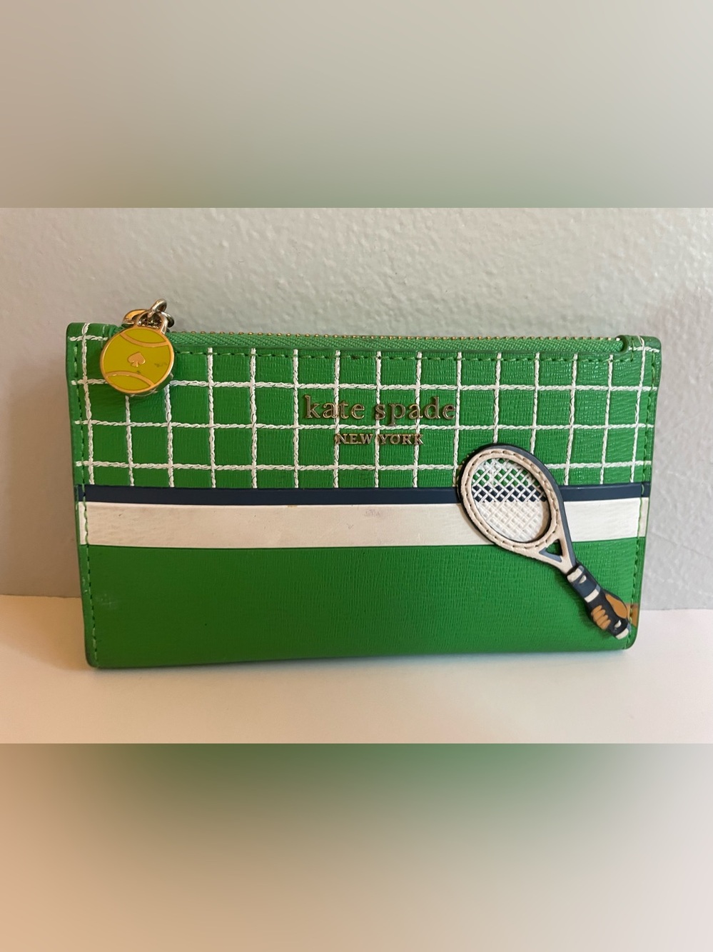 kate spade Green Tennis Court Zip Wallet with Racket Accent